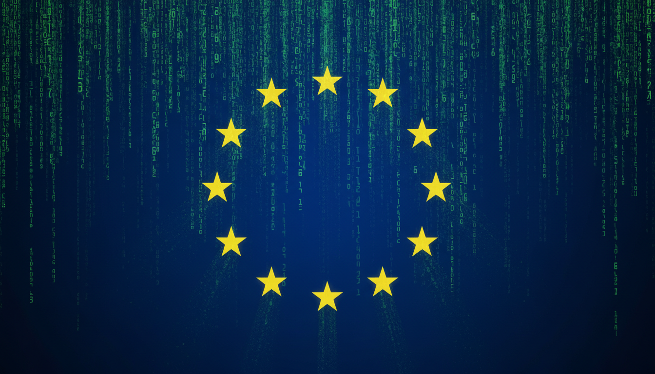 Unione Europea rappresentata come matrice digitale in stile Matrix