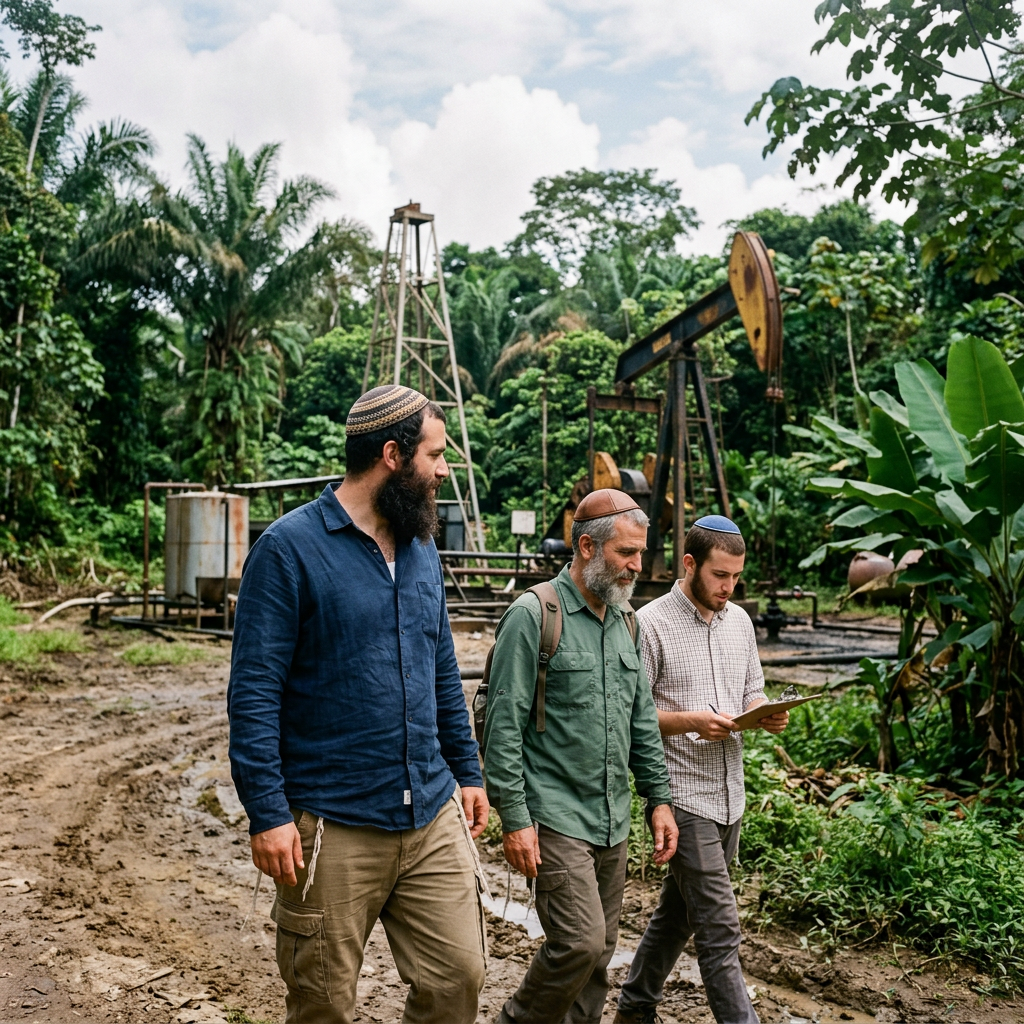 Three men walking through an oil extraction site with pumpjacks and dense forest in the background