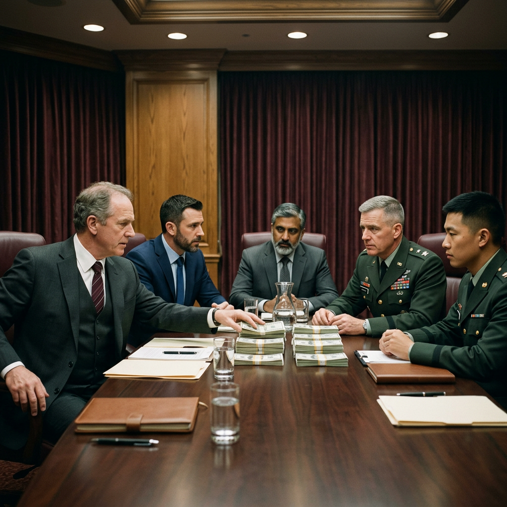 Businessmen and military officers meeting with money