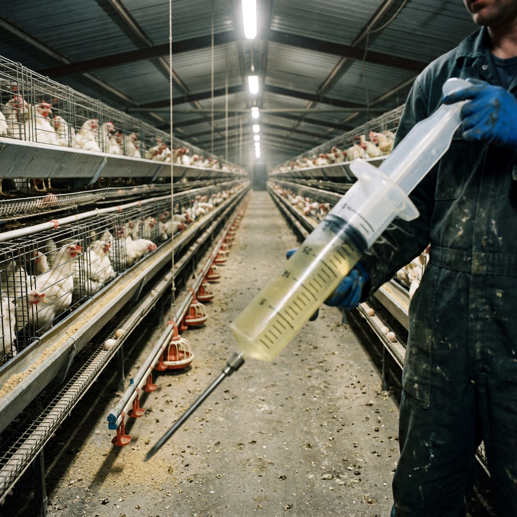 Person holding oversized syringe with yellow liquid inside chicken farm