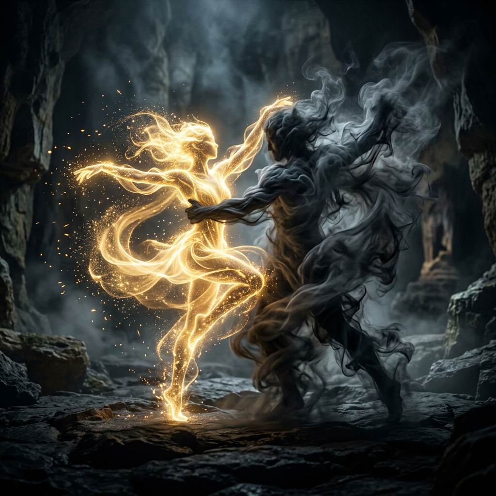 Glowing golden light figure and dark smoky figure dancing in a rocky cave